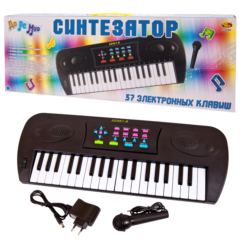 Синтезатор черный 37 клавиш,с микрофоном, эл/мех, с адаптером в комплекте, D-00062