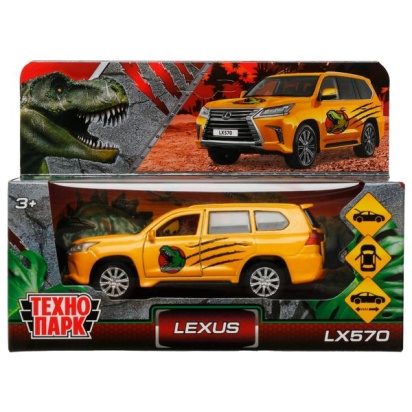 Машина металл LEXUS LX570 ДИНОЗАВРЫ 12 см, двери, багаж, инерц, желтый, кор. Технопарк LX570-12DIN-Y