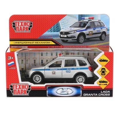 Машина металл "lada granta cross 2019 полиция" 12см, инерц.серебристый в кор. Технопарк GRANTACRS-12