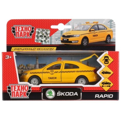 Машина металл SKODA Rapid такси 12см, открыв. двери, инерц. в кор. Технопарк, SB-18-22-SR-T-WB