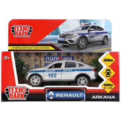 Машина металл RENAULT ARKANA ПОЛИЦИЯ 12 см, двери, багаж, серебристый, кор. Технопарк ARKANA-12POL-S
