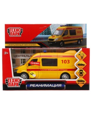 Машина металл свет-звук РЕАНИМАЦИЯ 14,5 см, двери, багаж, инерц, желт, кор. 887-27R-R