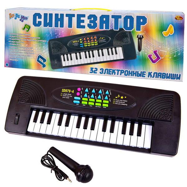 Синтезатор черный 32 клавиши, с микрофоном, эл/мех, работает от батареек, D-00063