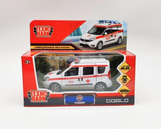 Машина металл FIAT DOBLO СКОРАЯ длина 12 см, двери, инерц, белый, кор. Технопарк DOBLO-12AMB-WH