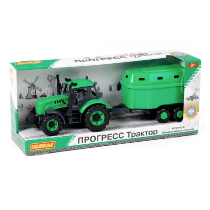 Трактор "Прогресс" с прицепом для перевозки животных инерционный (зелёный) 91482