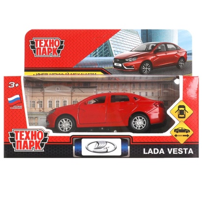 Машина металл LADA vesta 11,5 см, двери, багаж, красный, кор. Технопарк   VESTA-12-RD