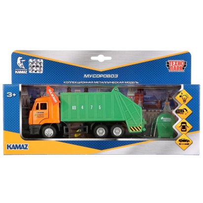 МАШИНА "ТЕХНОПАРК" МЕТАЛЛ. ИНЕРЦ. КАМАЗ МУСОРОВОЗ, СВЕТ+ЗВУК, 1:43 ОТКРЫВ. ДВЕРИ В КОР. 180495   