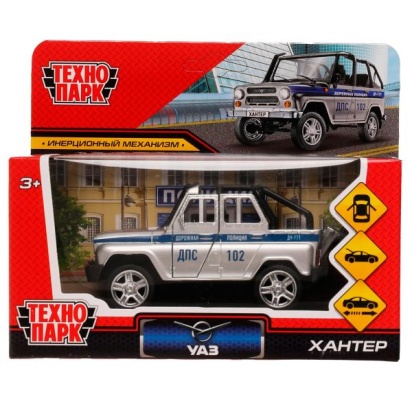 Машина металл UAZ HUNTER ПОЛИЦИЯ 11,5 см, двери, багаж, серебристый, кор. Технопарк HUNTERBCH-12POL-