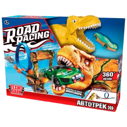 Игрушка пластик ROAD RACING автотрек с динозавром. 1 машинка, 1 петля, кор. Технопарк , RR-TRK-159-R