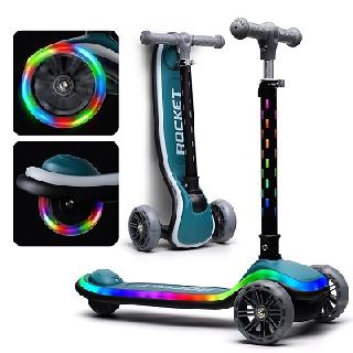Самокат 3-колёсный ROCKET свет. колеса PU,нагрузка 50кг, цвет бирюзовый R0200 / 482602