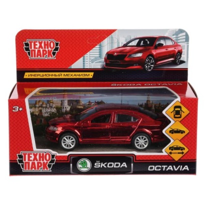 Машина металл SKODA OCTAVIA ХРОМ КРАСНЫЙ, 12см, открыв. двери, инерц. в кор. Технопарк, OCTAVIA-RD-C
