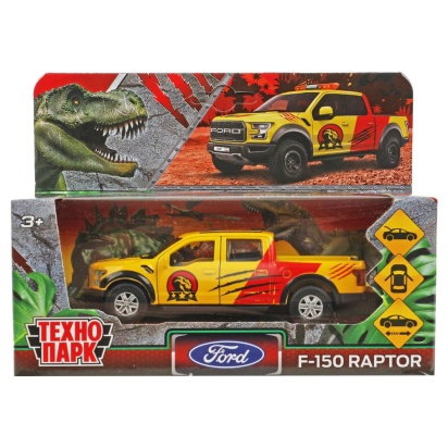 Машина металл FORD F150 RAPTOR ДИНОЗАВРЫ 12 см, двер, баг, ин, желтый, кор. Технопарк  F150RAP-12DIN