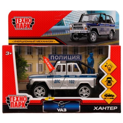 Машина металл свет-звук UAZ HUNTER ПОЛИЦИЯ 11,5 см, двери, фигурка, кор. Технопарк HUNTERBCH-12SLPOL