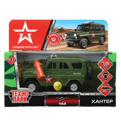 Машина металл свет-звук UAZ HUNTER АРМИЯ РОССИИ 12 см, двер, багаж, ин, Техн. HUNTER-12SLARR-GN-WOD