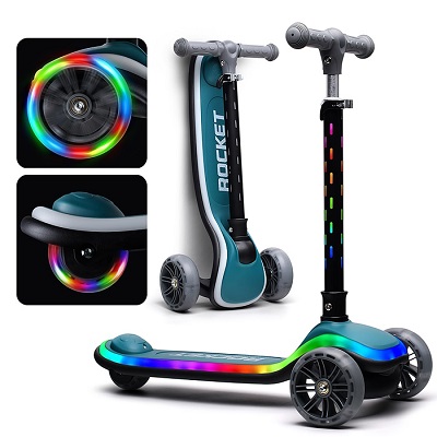 Самокат 3-колёсный ROCKET свет. колеса PU,нагрузка 50кг, цвет бирюзовый R0200 / 482602