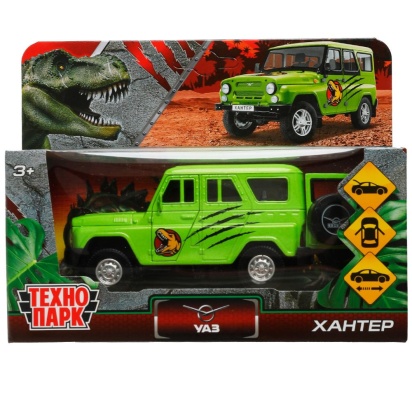 Машина металл UAZ HUNTER ДИНОЗАВРЫ 11,5 см, двер, багаж, ин, салатовый, кор. Технопарк HUNTER-12DIN-