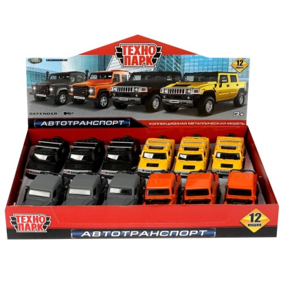 Машина металл land ROVER DEFENDER/HUMMER H2 PICKUP 12см,дв,баг,асс,дис. Технопарк уп-12шт  DEFHUM2PI