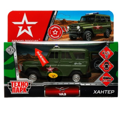 Машина металл свет-звук UAZ HUNTER АРМИЯ РОССИИ 12 см, двер, багаж, ин, кор. Технопарк , HUNTER-12SL