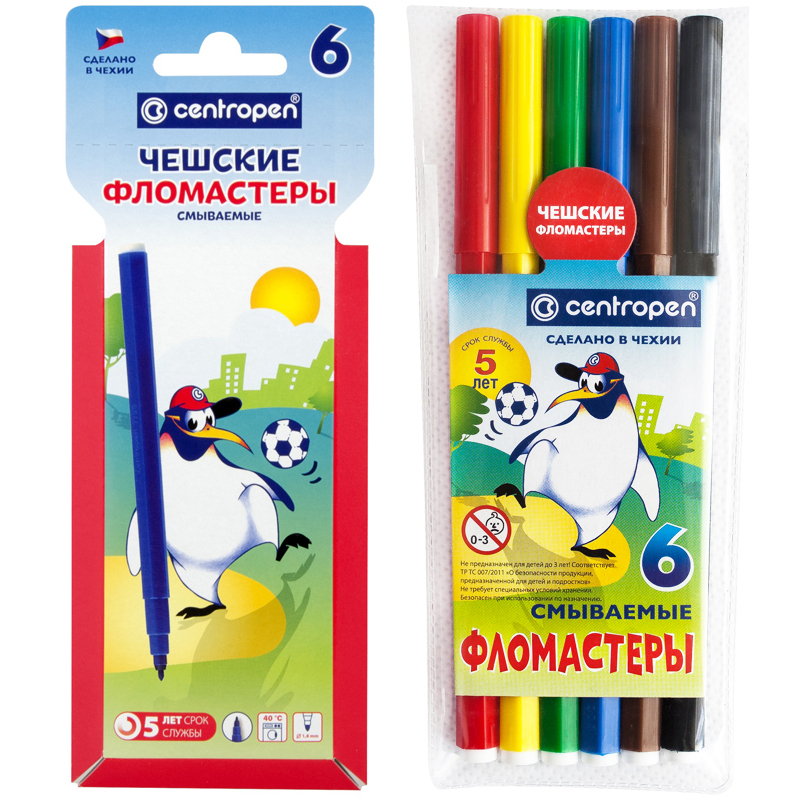 Фломастеры Centropen "Пингвины", 06цв, смываемые, ПВХ