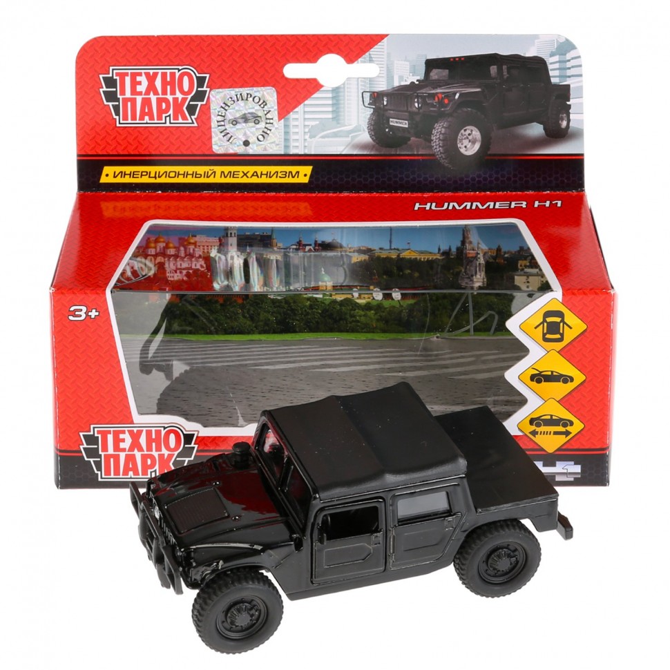 Машина металл Hummer H1 пикап черный 12см, открыв. двери, инерц. в кор. Технопарк, SB-18-09-H1-N(B)-