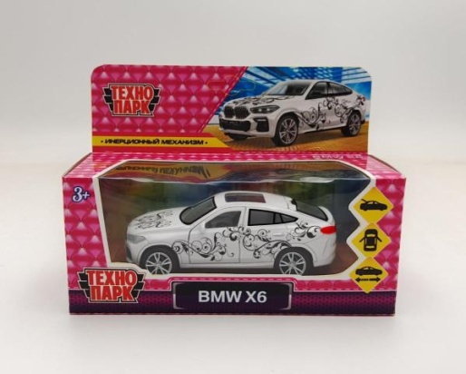 Машина металл BMW X6 ДЛЯ ДЕВОЧЕК 12 см, двери, багаж, инер, белый, кор. Технопарк X6-12GRL-WH