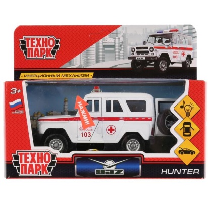 Машина металл свет-звук "UAZ HUNTER СКОРАЯ" 12см, открыв. двери, инерц. в кор.Технопарк, HUNTER-AMB-