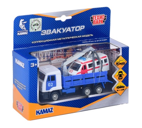Машина металл KAMAZ ЭВАКУАТОР, 12 см, дв., подв.дет., инерц.+скорая 7,5 см Технопарк SB-19-29-D-WB