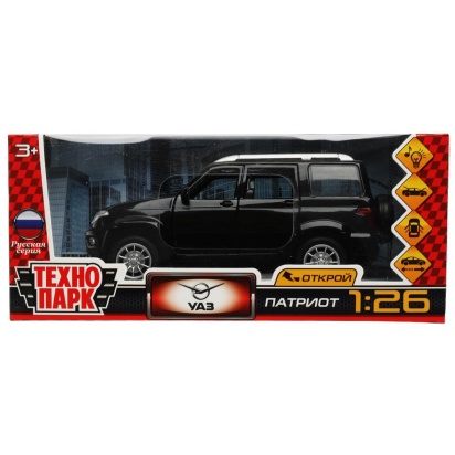 Машина металл свет-звук UAZ ПАТРИОТ 17,8 см, двери, инерция, черн, кор. Технопарк , PATRIOT-124SL-BK