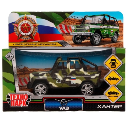 Машина металл UAZ HUNTER beach ВОЕННЫЙ, 11,5 см, откр дв, багаж., ин., Технопарк HUNTERBCH-12MIL-GN