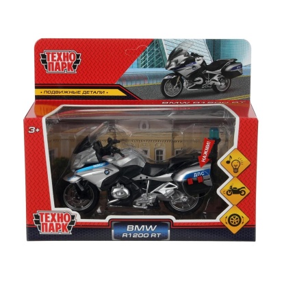 Модель металл свет-звук МОТОЦИКЛ BMW R1200 RT 13 см, подвиж дет, сереб, кор. Технопарк в кор.2*24шт
