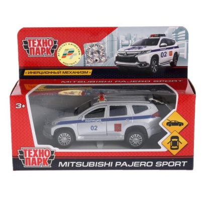 МАШИНА "ТЕХНОПАРК" МЕТАЛЛ. ИНЕРЦ. "MITSUBISHI PAJERO SPORT" ПОЛИЦИЯ 12СМ В КОР. PAJERO-S-POLICE