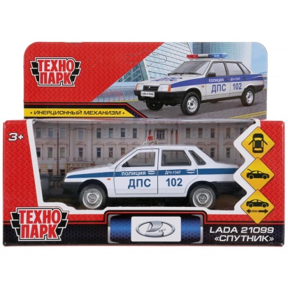 Машина металл LADA-21099 "СПУТНИК" ПОЛИЦИЯ 12 см, двери, багаж, белый, кор. Технопарк 21099-12POL-WH