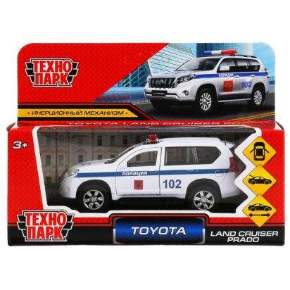 Машина металл TOYOTA PRADO ПОЛИЦИЯ 12 см, двери, багаж, инерц, белый, кор. Технопарк PRADO-P-WH