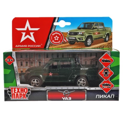Машина металл UAZ PICKUP АРМИЯ РОССИИ длина 12 см, двери, багаж, инерц,  PICKUP-12ARR-GN (72)
