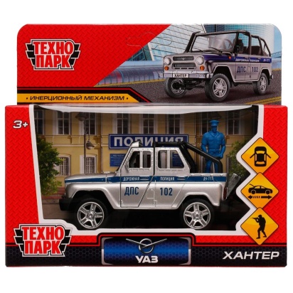 Машина металл UAZ HUNTER ПОЛИЦИЯ 11,5 см, двери, баг, ин, фигурка, Технопарк HUNTERBCH-12POL-SOLSR
