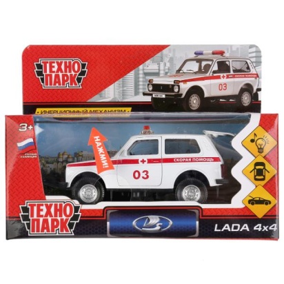 Машина металл свет-звук "LADA 4x4 СКОРАЯ" 12см, открыв. двери, инерц. в кор. Технопарк, LADA4X4-AMB-