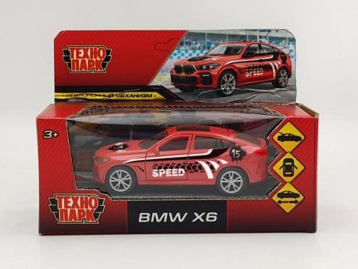 Машина металл BMW X6 СПОРТ длина 12 см, двери, багаж, инер, красный, кор. Технопарк X6-12SRT-RD