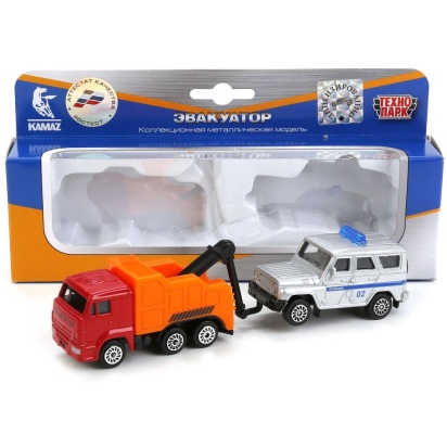 Машина металл KAMAZ ЭВАКУАТОР, 7,5 см+uaz ХАНТЕР 7,5 см, кор. Технопарк , SB-17-46+UAZ-WB
