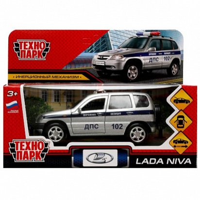Машина металл LADA NIVA ПОЛИЦИЯ 12 см, двери, багаж, инерц, серебрист, кор. Технопарк , LADANIVA-12P