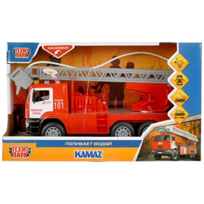 Машина пластик свет-звук KAMAZ ПОЖАРНАЯ МАШИНА 30см, двери, инерц, кор. Технопарк KAMFIR-30PL-RDWH