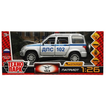 Машина металл свет-звук UAZ ПАТРИОТ ПОЛИЦИЯ 17,8 см, двер, инер, сереб, кор. Технопарк , PATRIOT-124