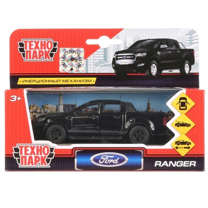 Машина металл FORD ranger ПИКАП, 12 см, .дв., багаж., инерц., черый, кор.Технопарк SB-18-09-FR-N(BL)