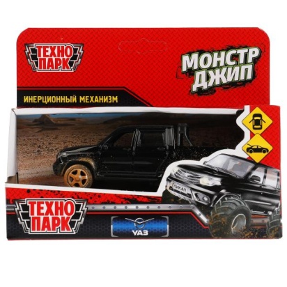 Машина металл UAZ PICKUP МОНСТР ДЖИП 12 см, двер, багаж, инерц, черный, кор. Технопарк PICKUP-12MUD-