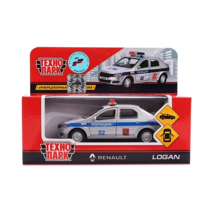 Машина металл RENAULT LOGAN ПОЛИЦИЯ, 12 см, двери, баг, ин.серебристый, кор. Технопарк , LOGAN-P