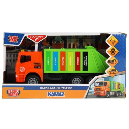 Машина пластик свет-звук KAMAZ МУСОРОВОЗ 30 см, двери, инерц, зелен, кор. Технопарк KAMGARB-30PL-OGG