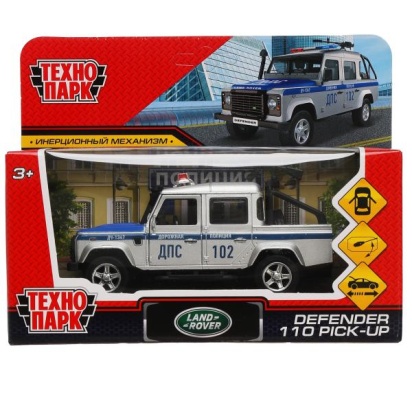 Машина металл LAND ROVER DEFENDER PICKUP ПОЛИЦИЯ 12 см, двери, багажн, кор. Технопарк DEFPICKUP-12PO