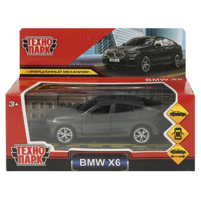 Машина металл BMW X6 длина 12 см, двери, багаж, инер, темно серый, кор. Технопарк   X6-12-GY