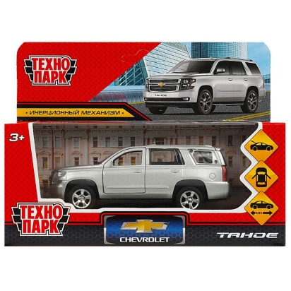 Машина металл CHEVROLET TAHOE 12 см, двери, багаж, инерц, серебристый , кор. Технопарк   TAHOE-12-SR