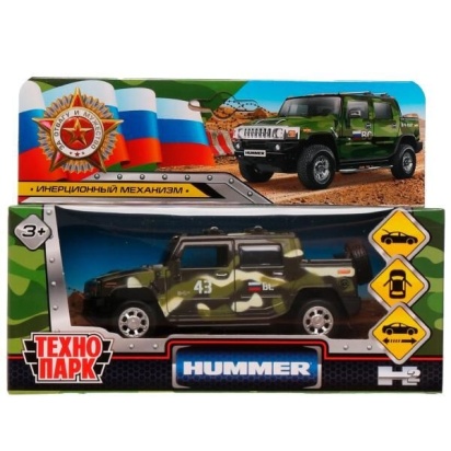 Машина металл HUMMER H2 PICKUP КАМУФЛЯЖ 12 см, двери, багаж, инерц, кор. Технопарк HUM2PICKUP-12MIL-
