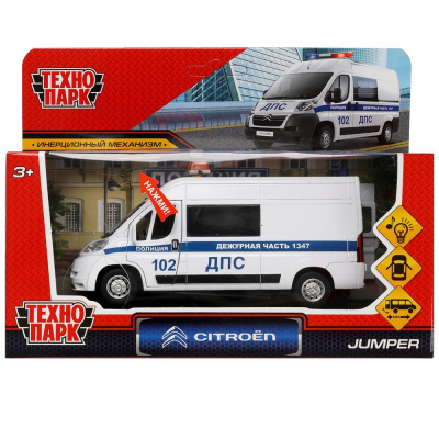 Машина металл свет-звук CITROEN JUMPER ПОЛИЦИЯ 14 см, двер, инер,белый, кор. Технопарк , JUMPER-14SL